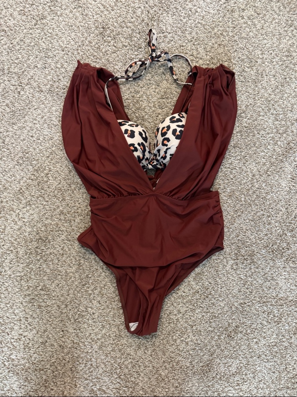 NEW Leopard print bikini top & matching brown/burgundy One-Piece Swimsuit bottom